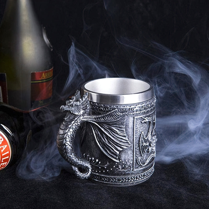 Vintage resin and stainless steel beer mug with dragon design, perfect for pub lovers and collectors.