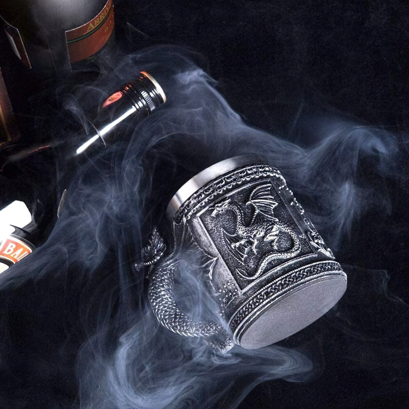 Vintage stainless steel beer mug featuring a dragon design, perfect for retro Viking pub style.