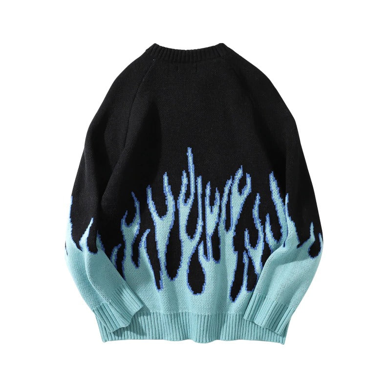Cool retro sweater with blue flame pattern, oversized fit, perfect for casual wear for men and women.