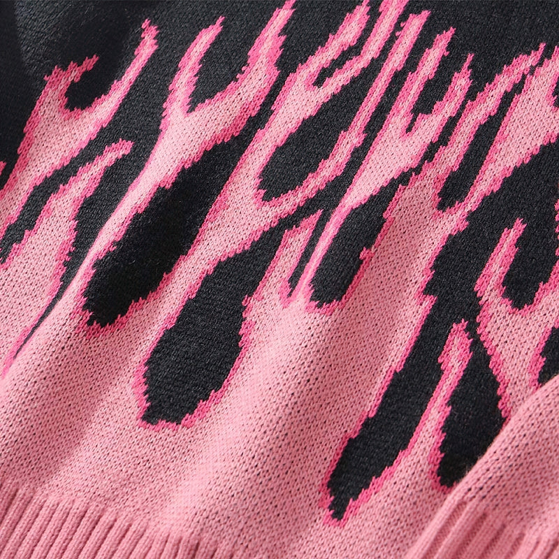 Cool Retro Sweater with Pink Flame Pattern / O-neck Oversize Casual Sweaters for Men and Women - HARD'N'HEAVY
