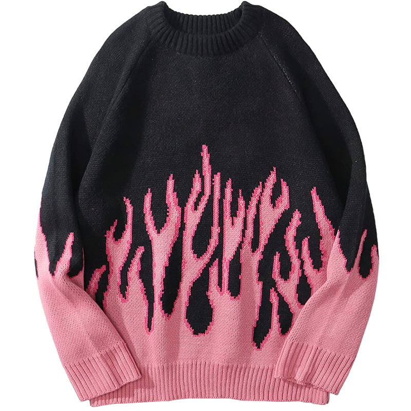 Cool retro unisex black sweater with vibrant pink flame pattern, perfect for casual outfits and winter warmth.