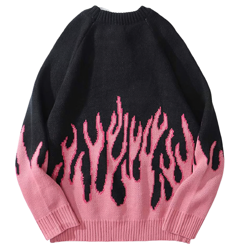 Cool Retro Sweater with Pink Flame Pattern / O-neck Oversize Casual Sweaters for Men and Women - HARD'N'HEAVY