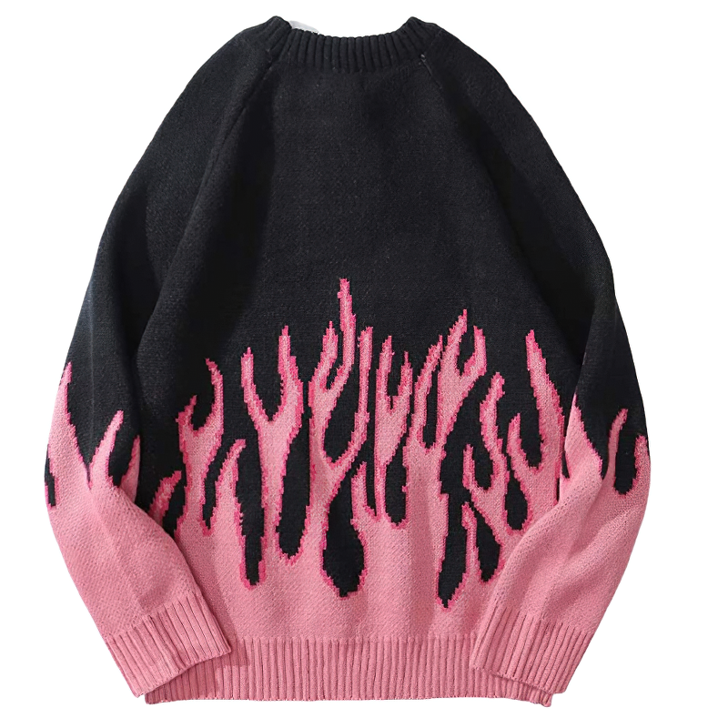 Cool retro sweater with pink flame pattern, casual oversized fit, perfect for stylish daily outfits.
