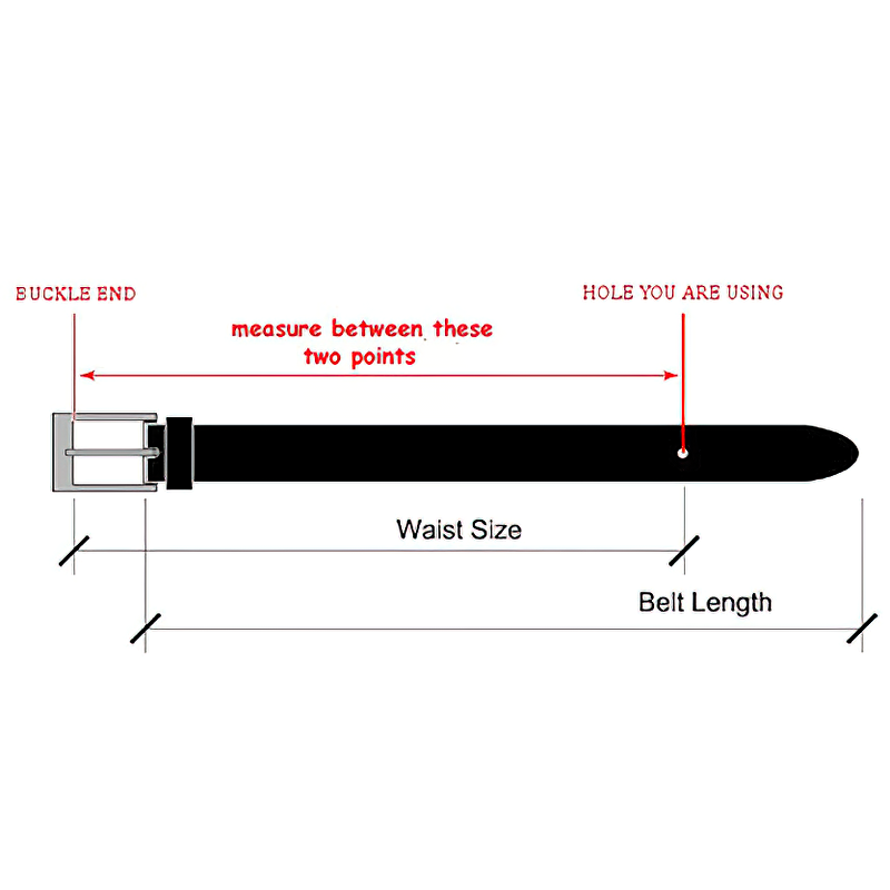 Schematic diagram showing how to measure belt length and waist size for the rock style guitar buckle belt.
