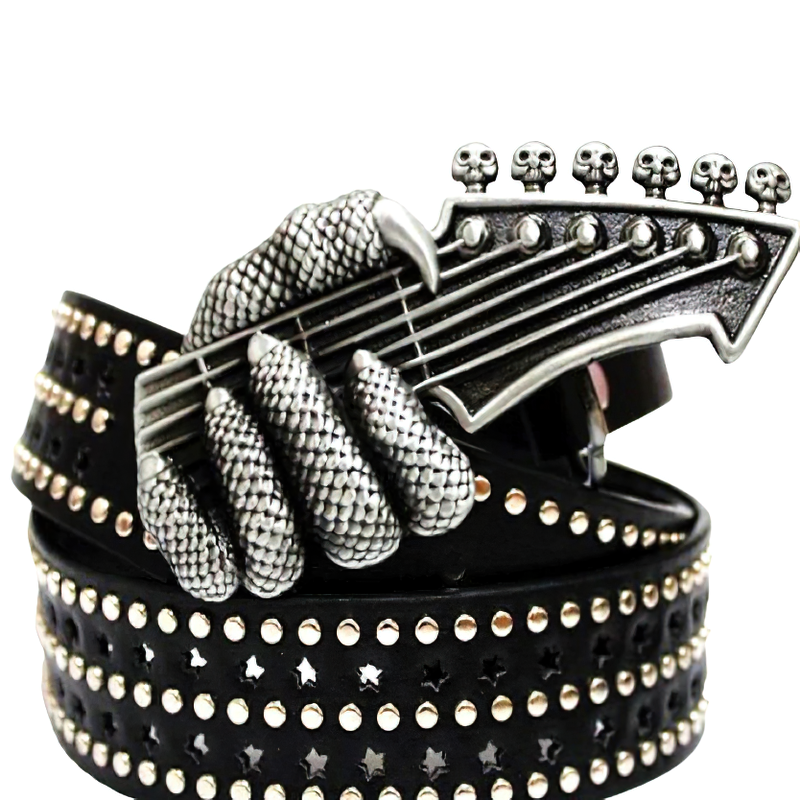 Stylish unisex belt with a guitar-shaped buckle featuring skulls, perfect for rock style enthusiasts.