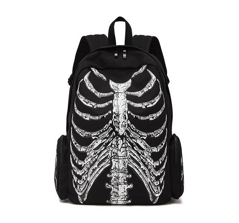 Cool skeleton printed backpack for men and women, perfect for edgy travel and grunge style.