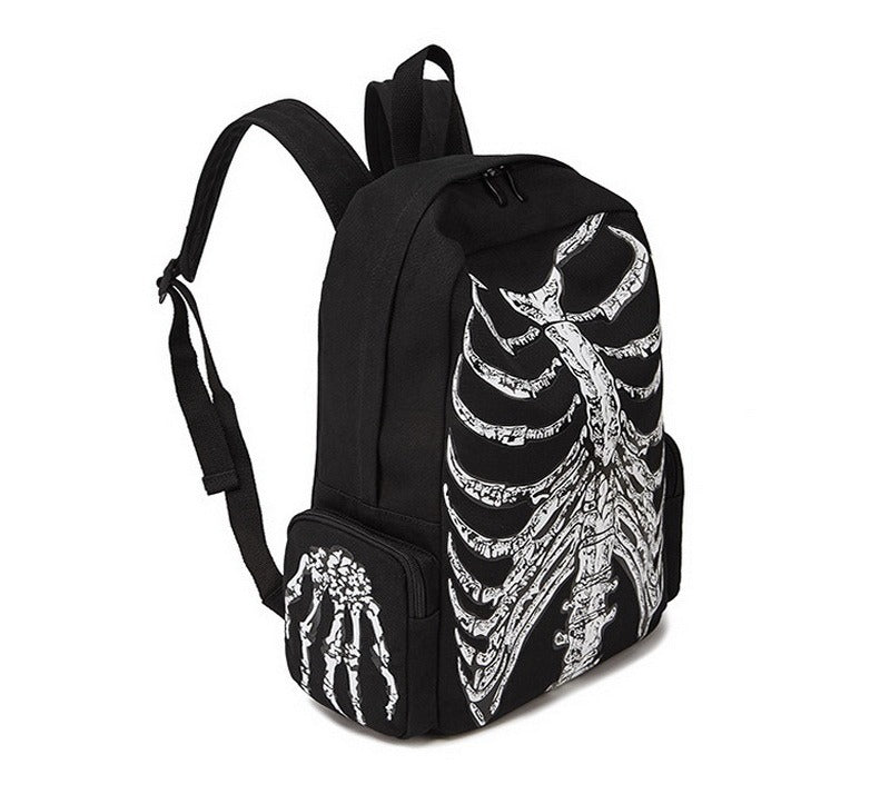 Skeleton printed rock style backpack for unisex travelers, spacious design with side pockets for essentials.