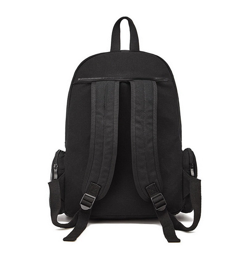 Back view of a sleek black backpack featuring adjustable straps and side pockets, perfect for travel and everyday use.