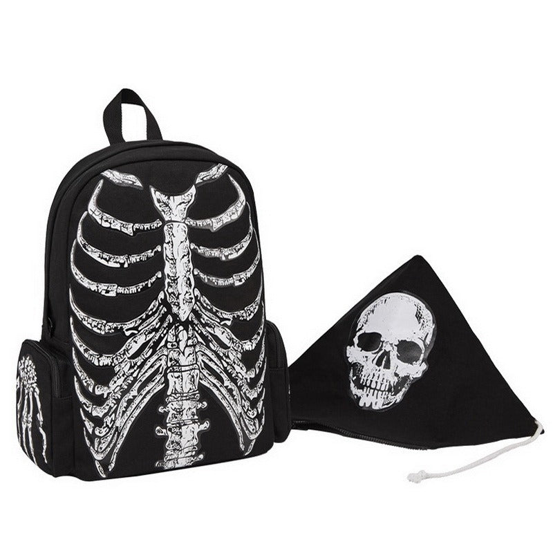 Cool skeleton printed backpack and skull accessory for edgy travel style, perfect for men and women.