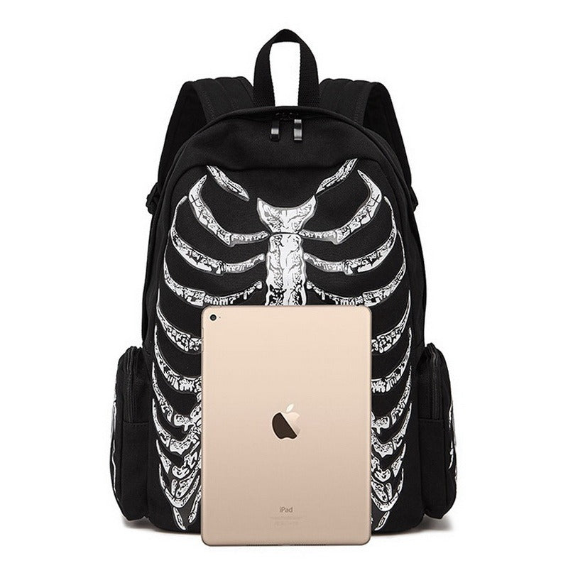 Skeleton printed unisex backpack with an iPad, perfect for edgy travelers and stylish adventures.