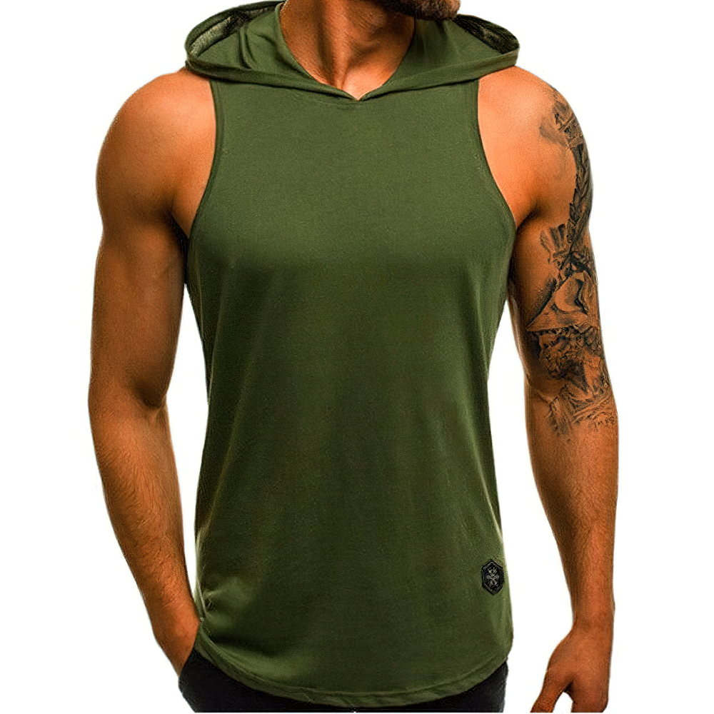 Cool green sleeveless tank top for men with a hood, perfect for workouts and casual wear.
