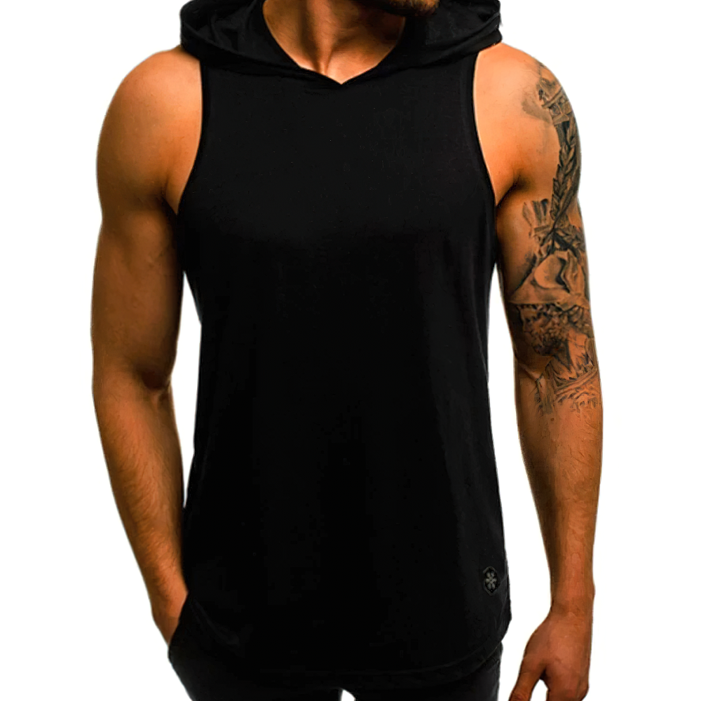 Men's black sleeveless hooded tank top, perfect for casual wear and workouts, showcasing a stylish fit and breathable material.