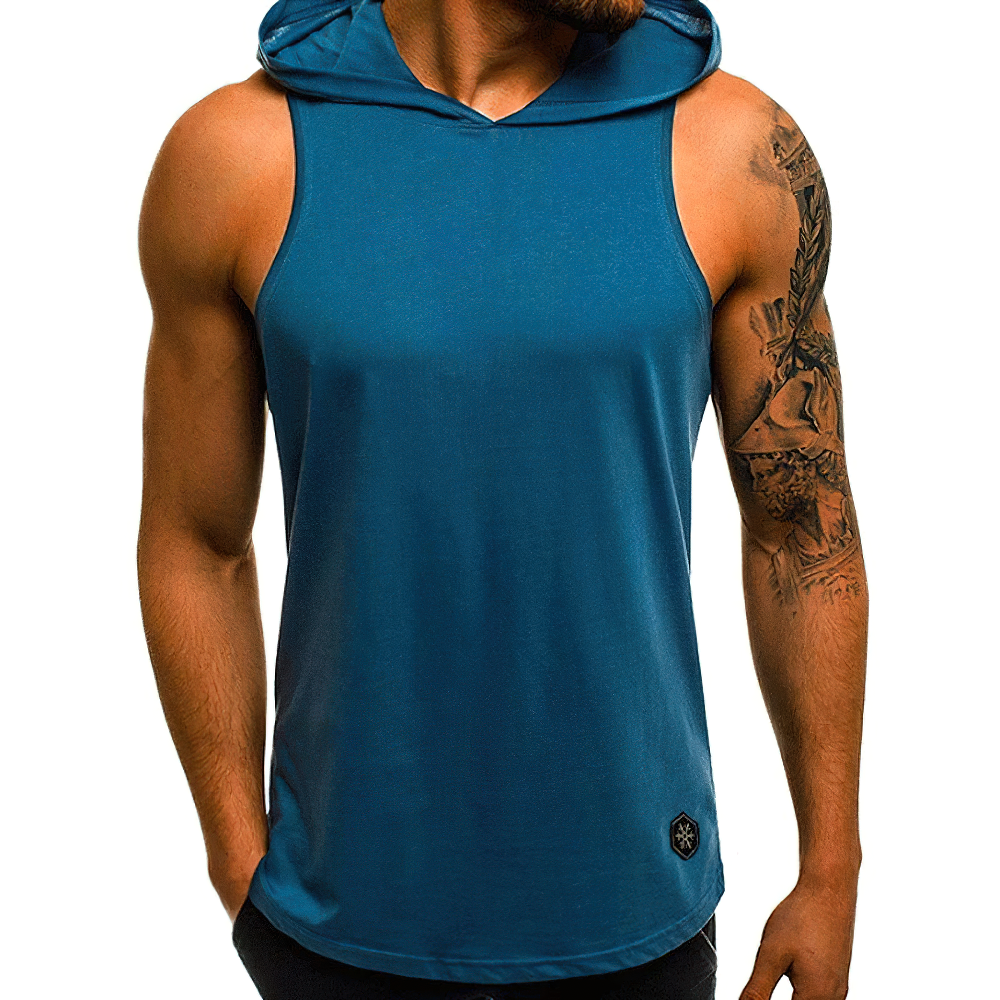 Cool sleeveless hooded tank top for men, perfect for workouts and casual wear.