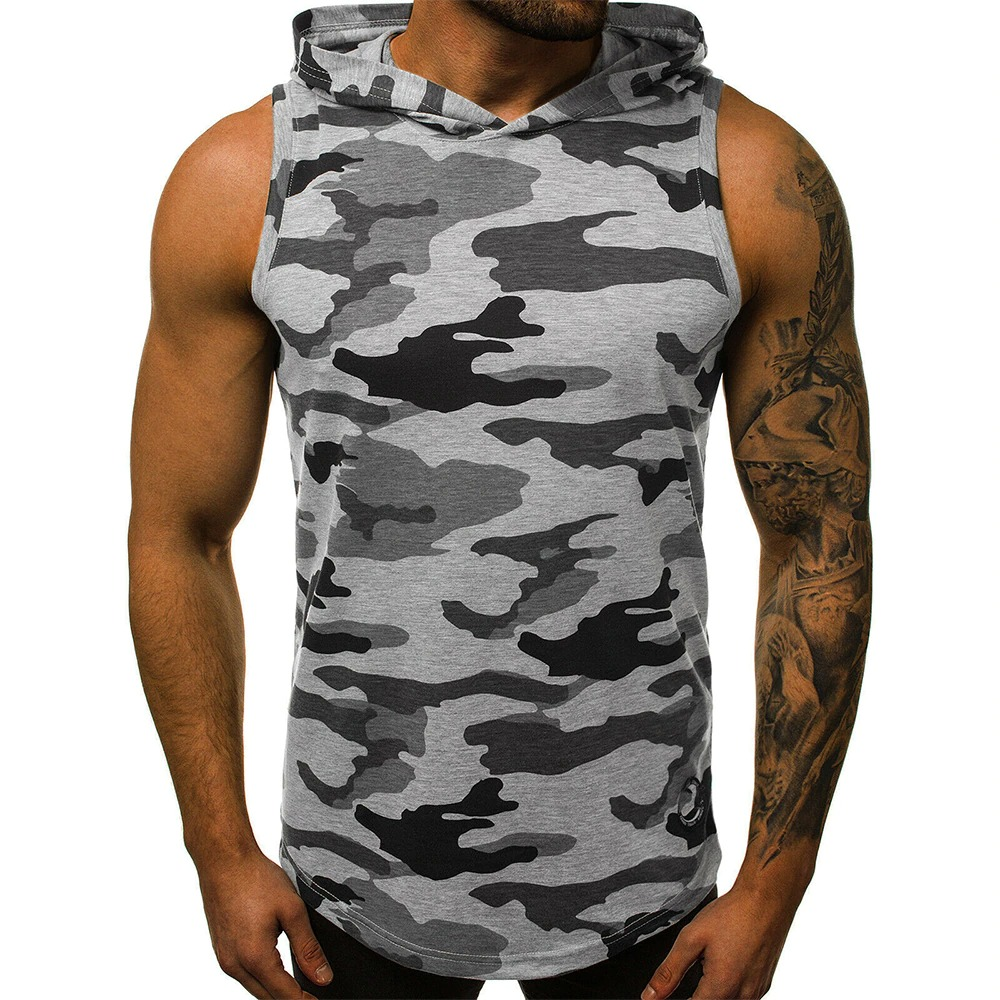 Men's cool sleeveless hooded tank top in gray camo design, perfect for workouts and casual wear.