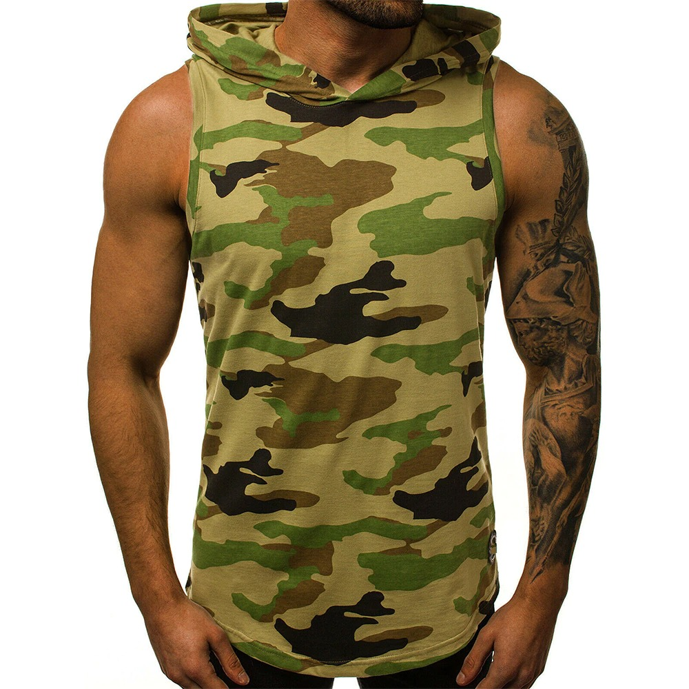 Men's sleeveless hooded tank top in camo print, perfect for casual workouts and summer wear.