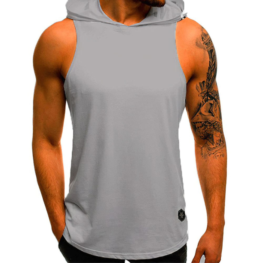 Men's sleeveless tank top with hood in light gray, perfect for casual wear and workouts.