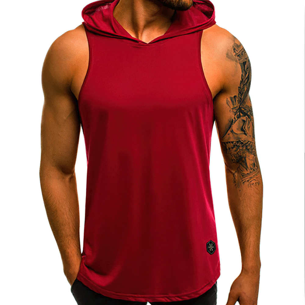 Red sleeveless elastic tank top for men with hood, perfect for workouts and casual wear.