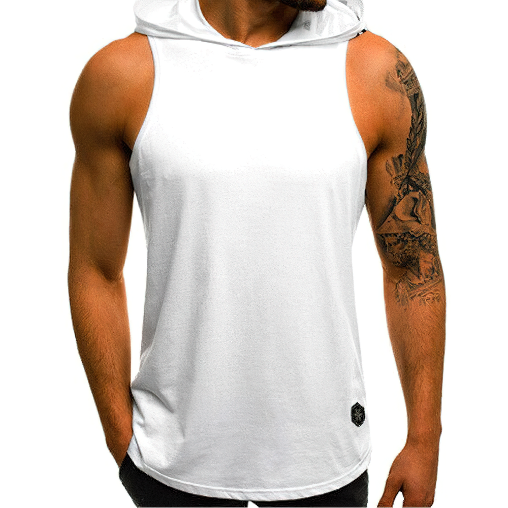 Men's cool sleeveless elastic tank top in white with hood, perfect for workouts and casual wear.