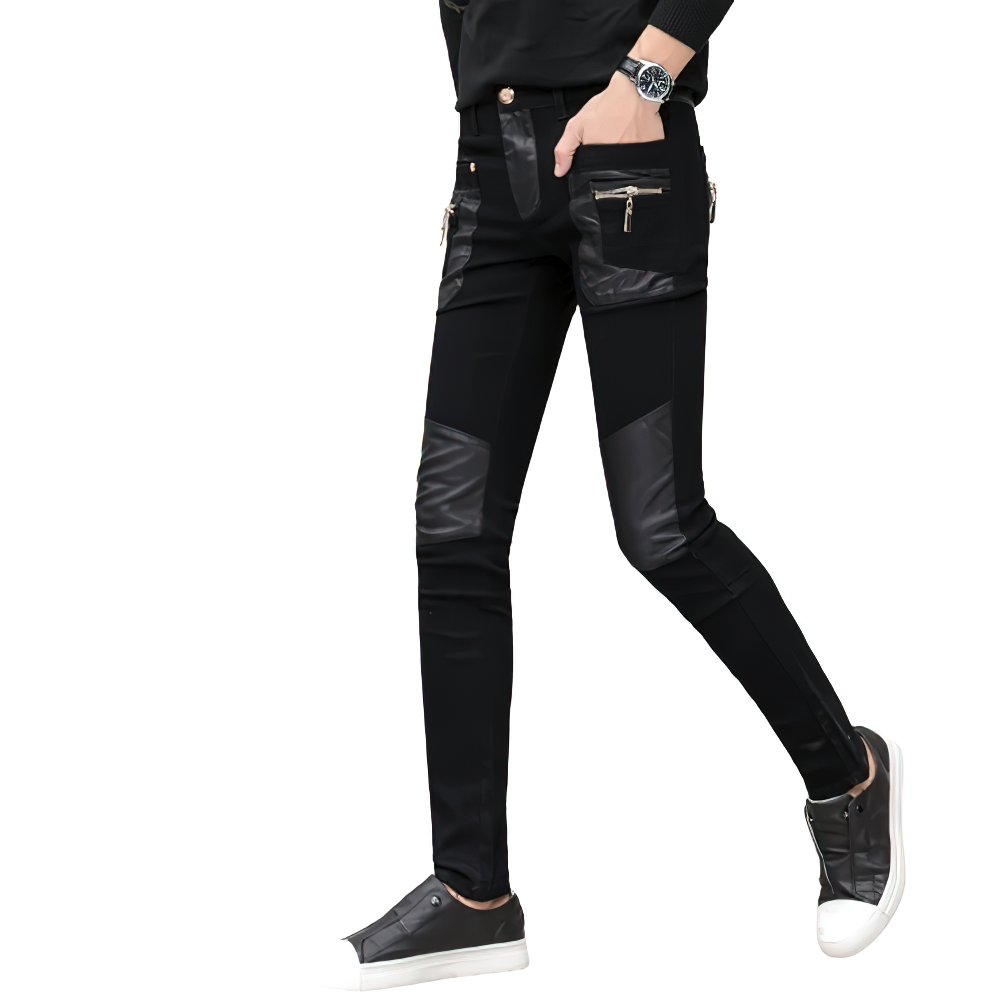 Stylish men's slim pants with zippers, black vintage rock style, perfect for creating trendy outfits.