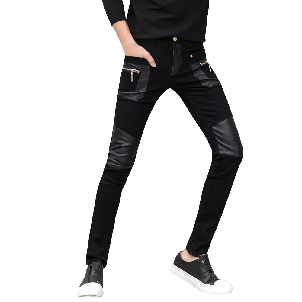 Cool slim men's pants with zippers in black, featuring a vintage rock style, perfect for trendy outfits.