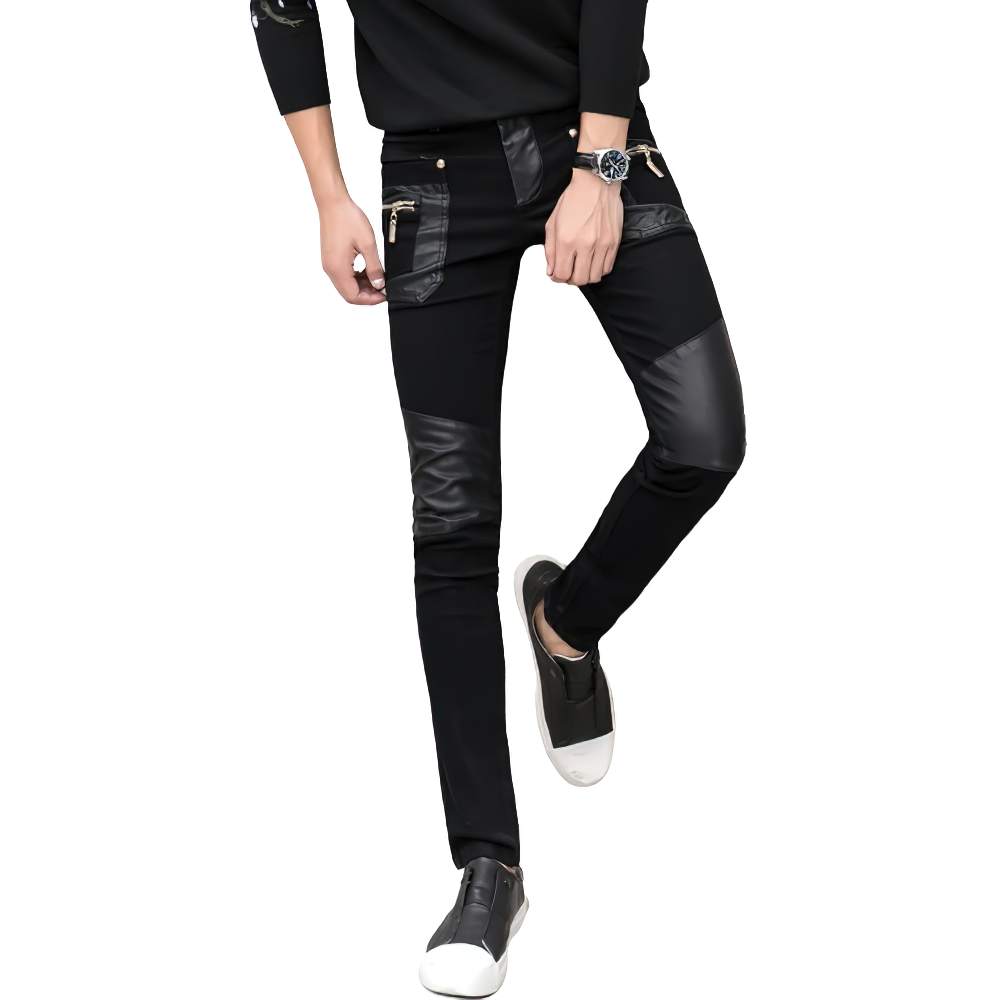 Men's slim black pants with zippers, showcasing a stylish rock look perfect for fashionable outfits.