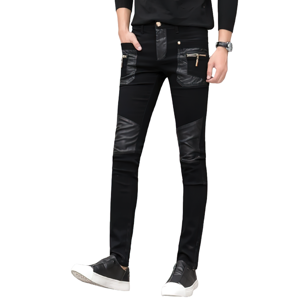 Stylish men's slim pants with zippers in black, featuring a rock-inspired design and perfect for vintage looks.