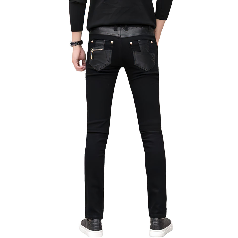 Back view of cool slim men's pants with zippers, showcasing vintage rock style and quality design.