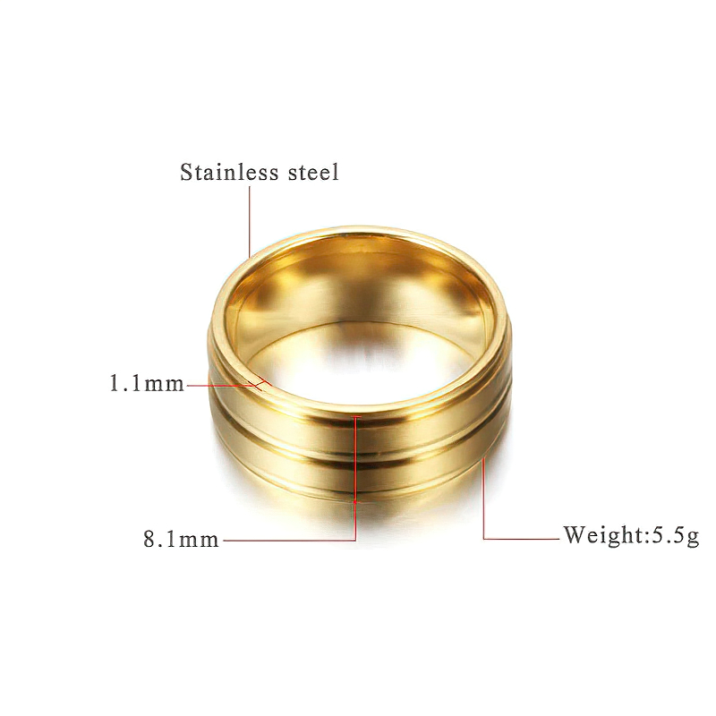 Cool gold stainless steel unisex ring with polished finish, showcasing width and weight details. Perfect for any outfit!