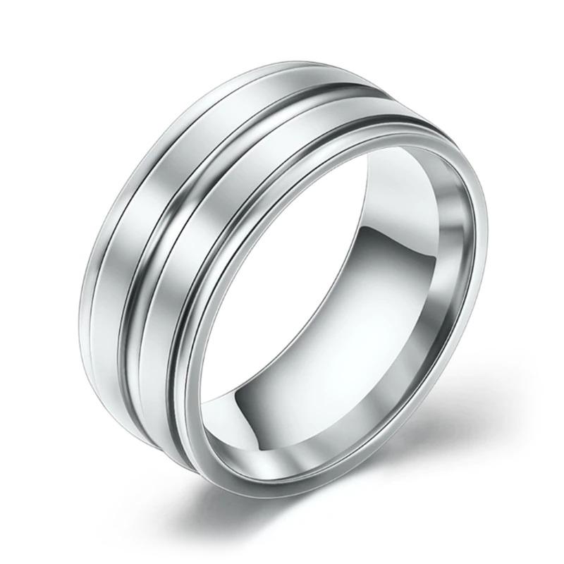 Polished stainless steel unisex ring featuring stylish grooves, perfect for any outfit in three color options.
