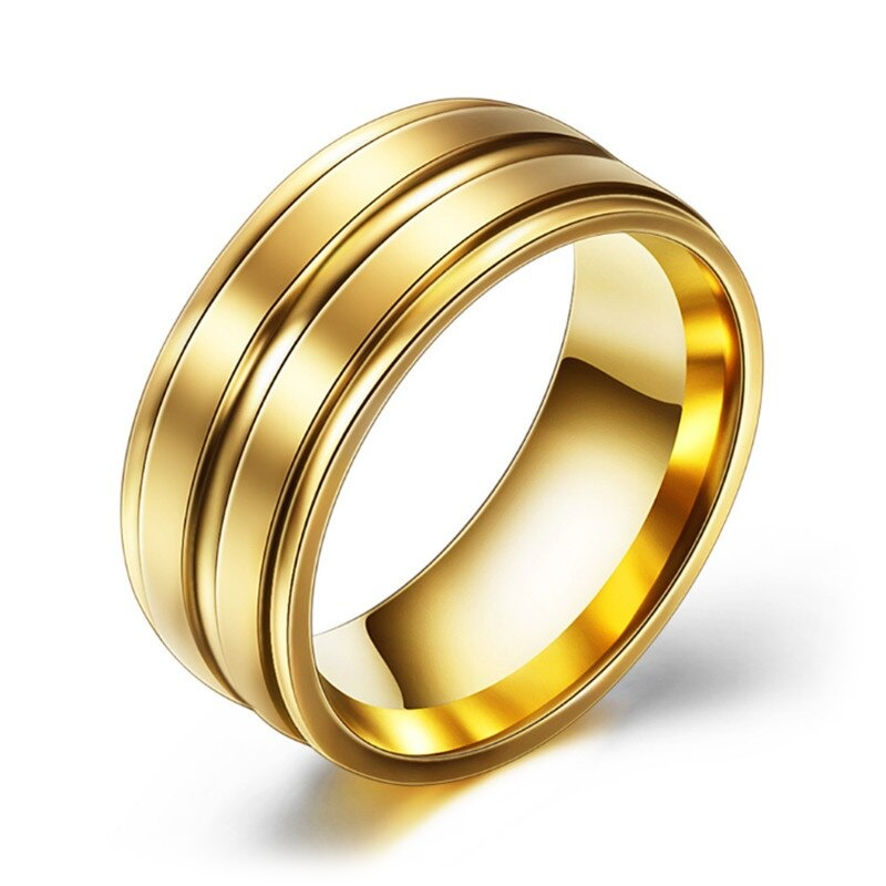 Stylish gold stainless steel unisex ring with polished finish and contrasting stripes, perfect for any outfit.