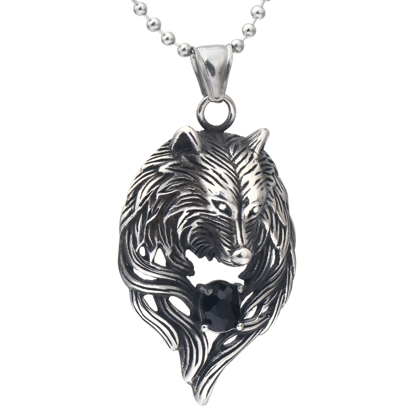 Stainless steel wolf's head necklace with black crystal pendant, perfect for punk and gothic styles.