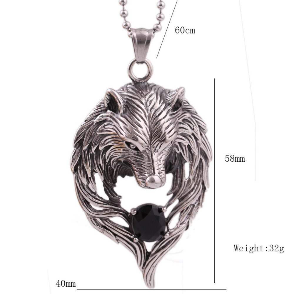 Silver stainless steel wolf's head pendant necklace with black crystal, perfect for punk and gothic style outfits.