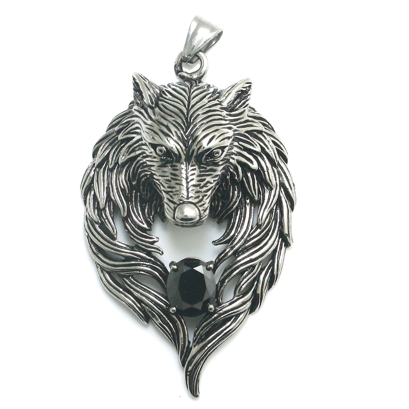 Cool stainless steel wolf's head pendant with black crystal, perfect for punk style jewelry and cosplay outfits.