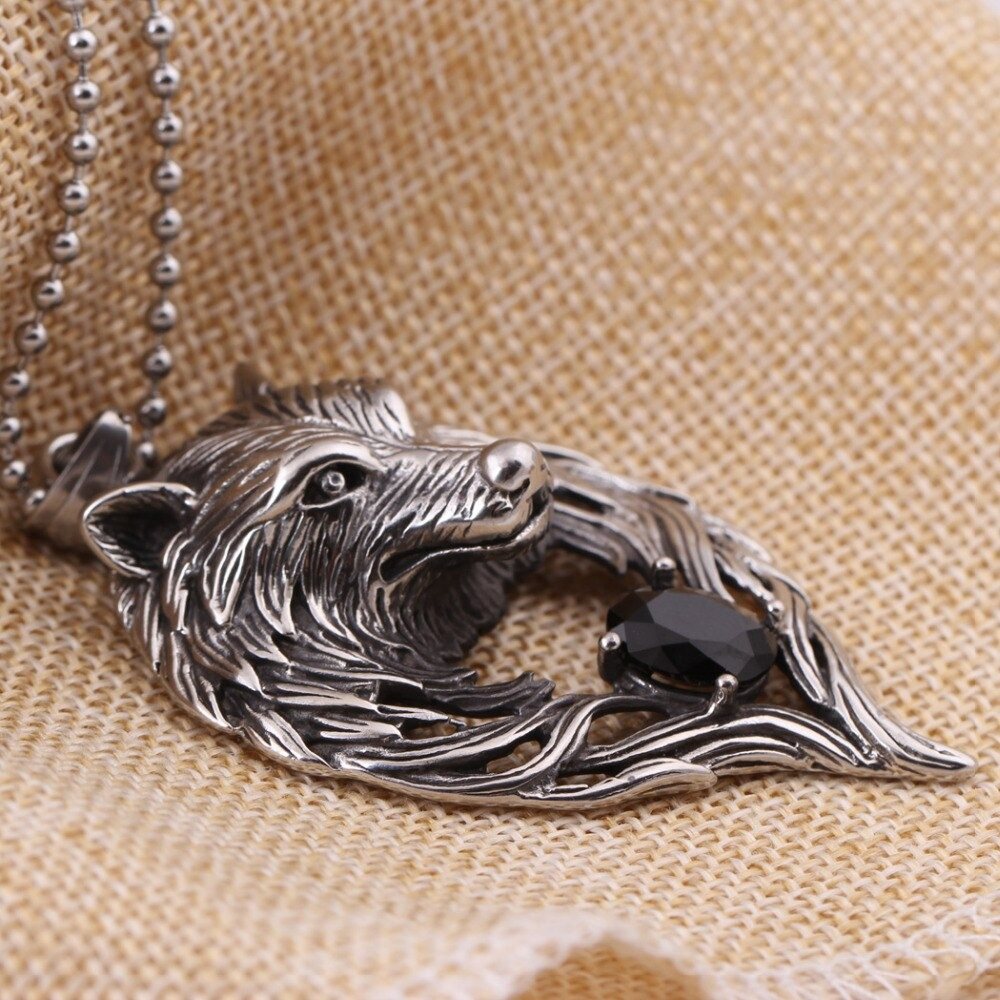 Gothic stainless steel wolf's head necklace with black crystal pendant, perfect for punk and cosplay style.