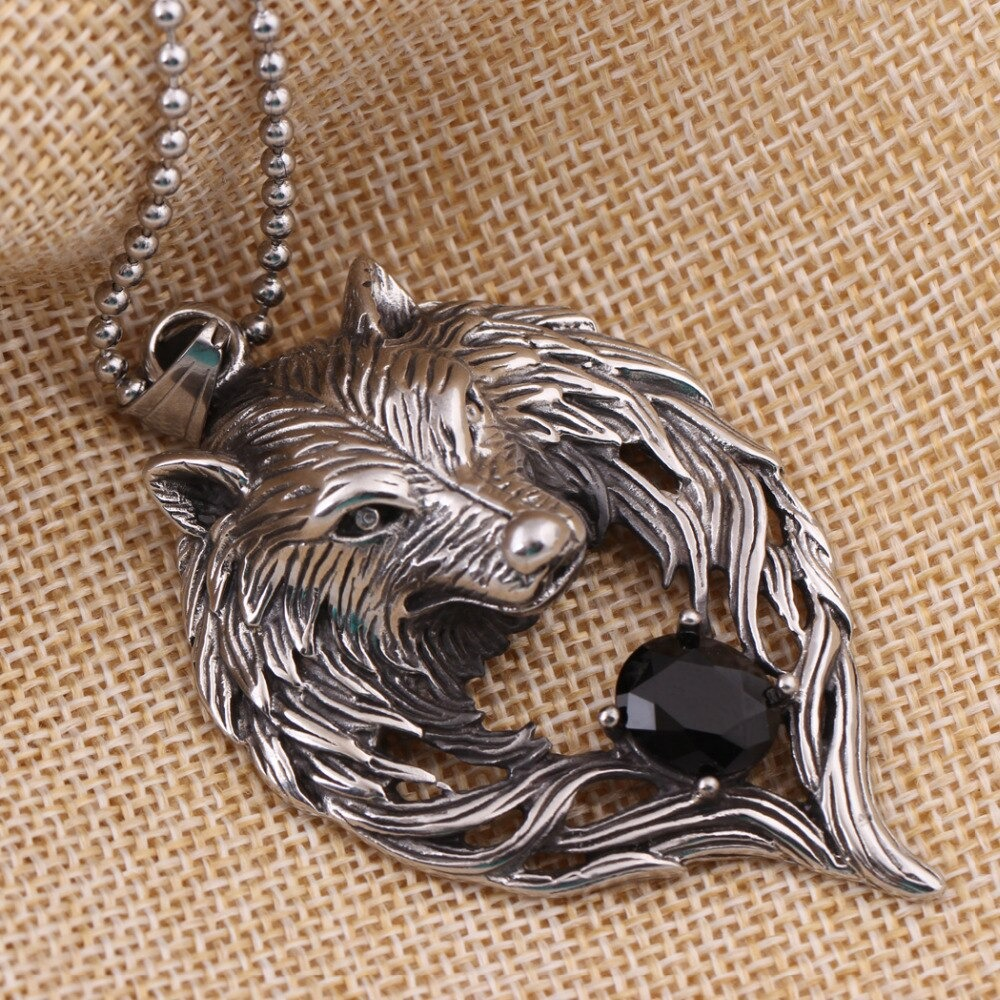 Cool stainless steel wolf's head necklace with black crystal pendant, perfect for punk or gothic style outfits.