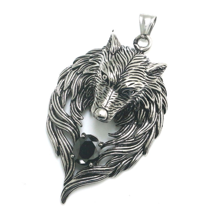 Cool stainless steel wolf's head pendant with black crystal, perfect for punk style and gothic jewelry lovers.