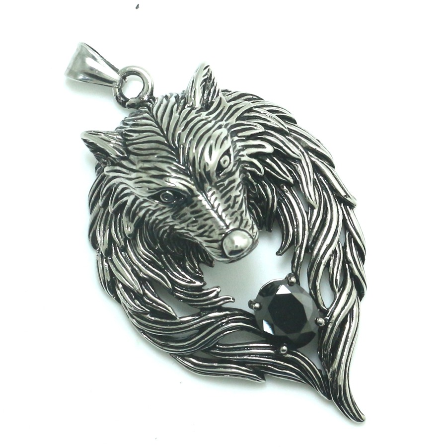 Cool stainless steel wolf's head pendant with black crystal, perfect for punk style and gothic jewelry enthusiasts.