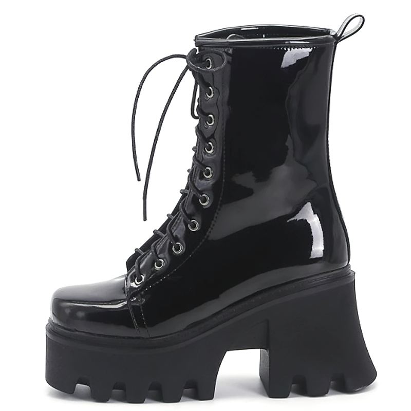 Stylish women's black gothic lace-up boots with thick platform heels in shiny PU patent leather.