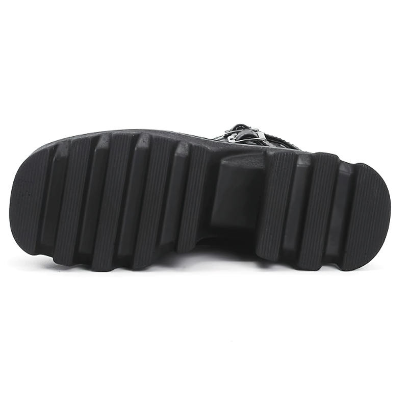 Sole of women's gothic lace-up boots featuring a thick-heeled, high-traction design for comfort and style.