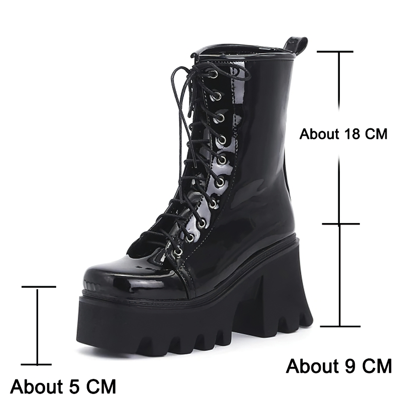 Women's black patent leather gothic boots with lace-up design and thick platform heel, perfect for casual wear.