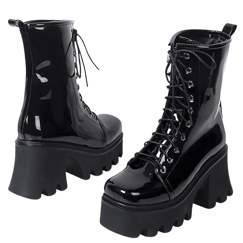 Stylish women's gothic lace-up boots in black PU patent leather with thick tractor heels.