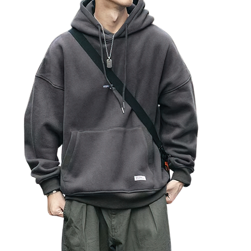 Stylish men's thin fleece hoodie in gray, featuring casual oversized fit perfect for streetwear fashion.