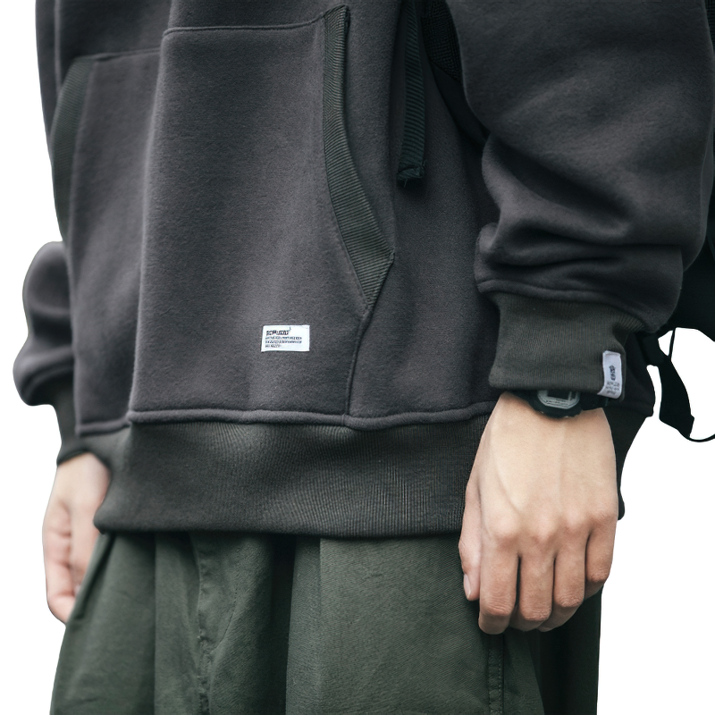 Trendy black thin fleece hoodie for men, showcasing casual streetwear style with oversized cut, perfect for hip hop fashion.