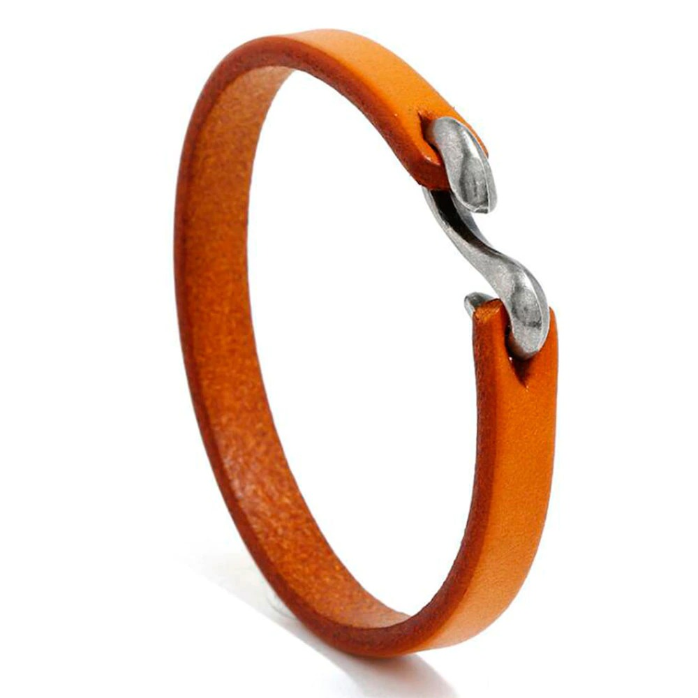 Cool unisex orange genuine leather narrow bracelet with a unique metal clasp for a stylish rock look.
