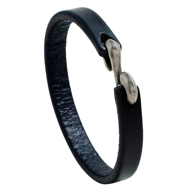 Cool unisex genuine leather narrow bracelet in black with silver clasp, perfect for casual fashion.
