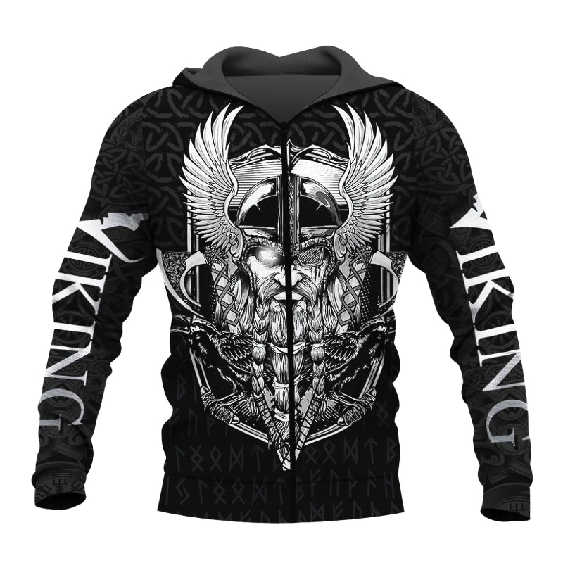 Cool Viking 3D print black hoodie featuring bold Viking warrior design and Celtic motifs, perfect for alternative fashion.