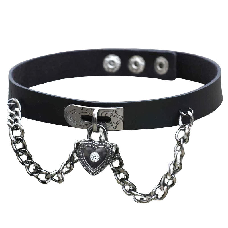 Handmade vintage gothic PU leather choker necklace with heart charm and chain details, perfect for edgy outfits.