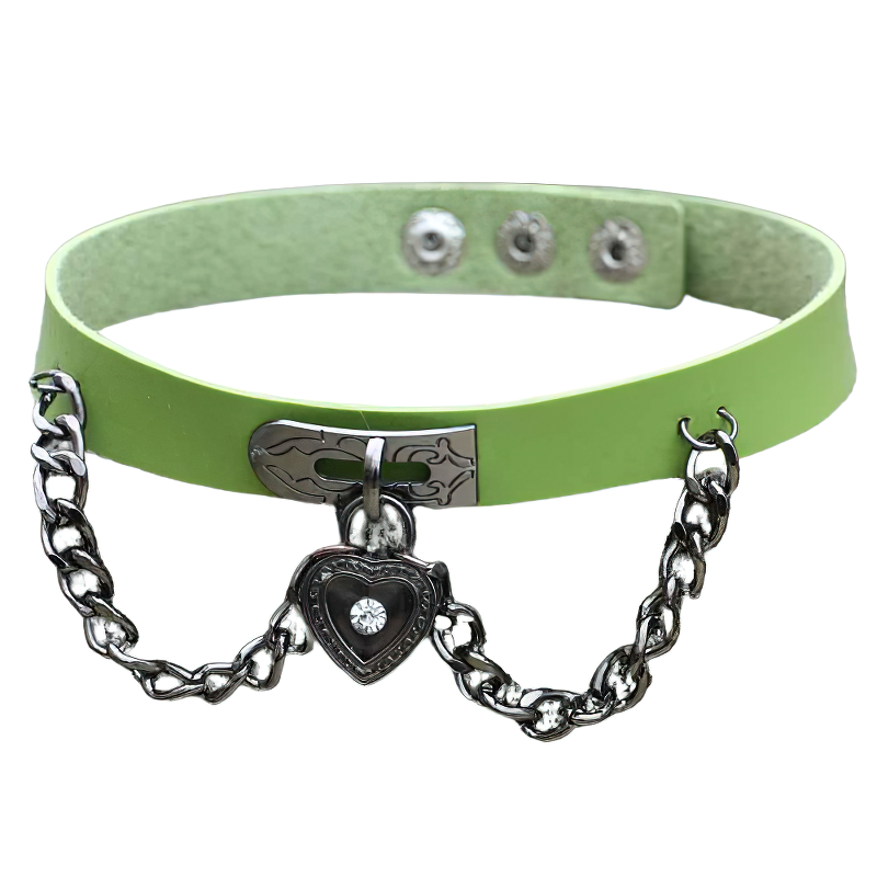 Cool vintage green PU leather choker necklace with heart pendant and chain details, perfect for gothic outfits.