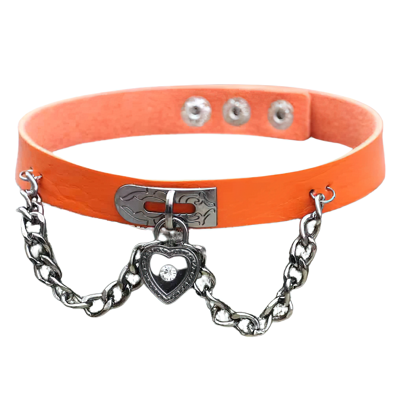 Cool orange vintage PU leather choker necklace with heart lock and chain detail for gothic style outfits.