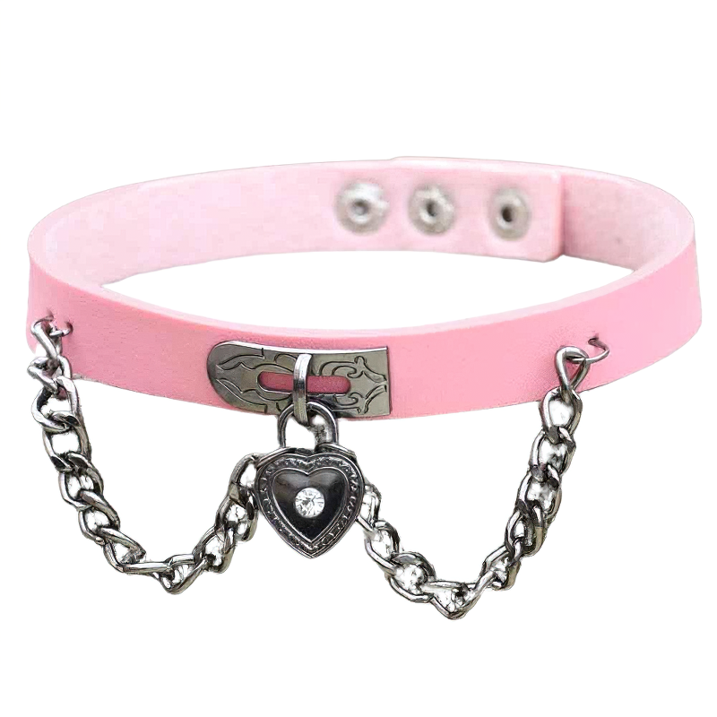 Cool pink PU leather choker necklace with silver chains and heart lock, perfect for vintage and gothic outfits.